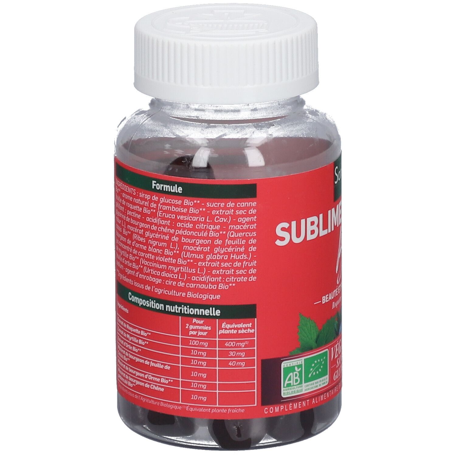 Flacon transparent de gummies noirs. Étiquette rouge avec ingrédients et label AB Bio. Bouchon blanc.