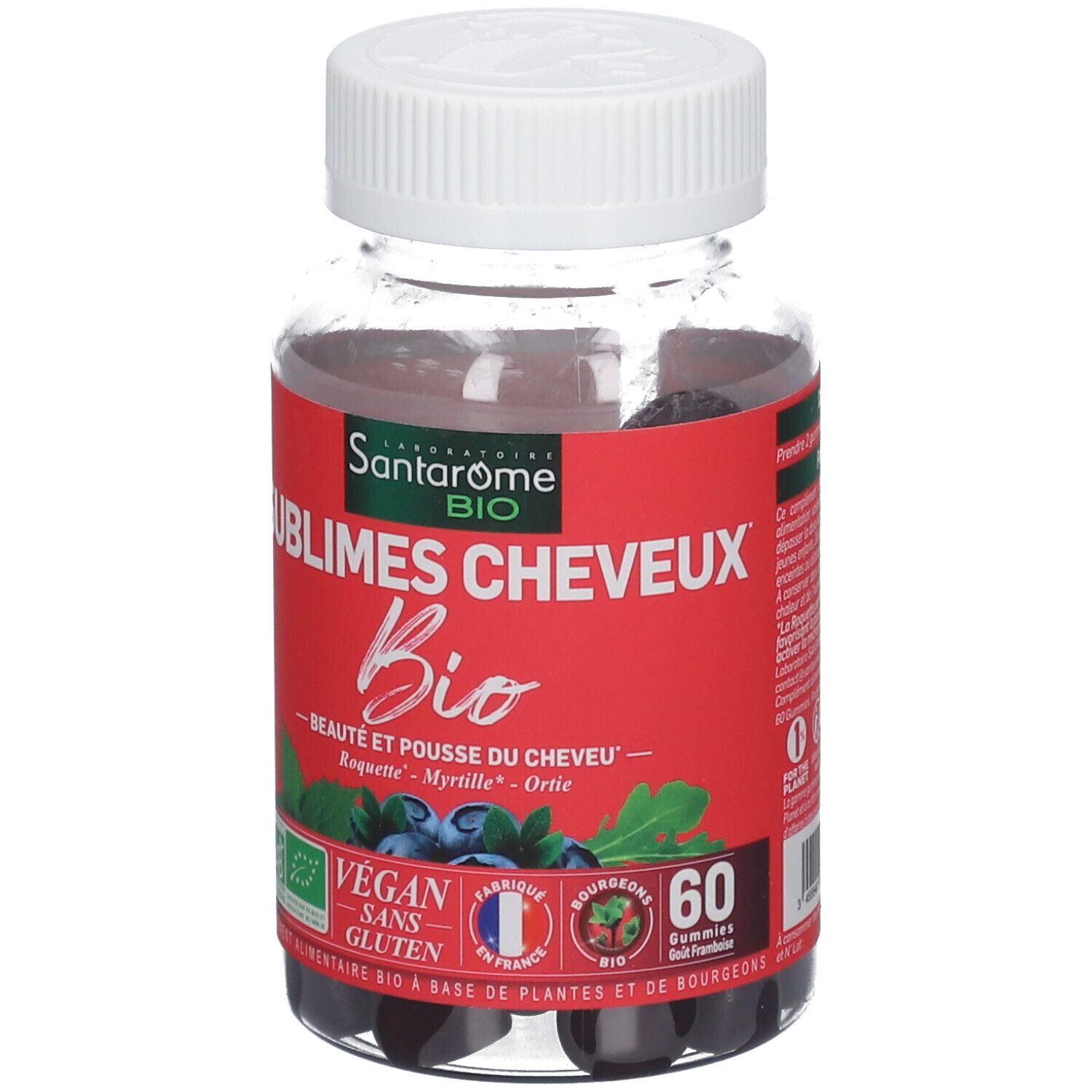 Flacon transparent de gummies noirs. Étiquette rouge avec nom du produit et label Bio. 60 gummies.