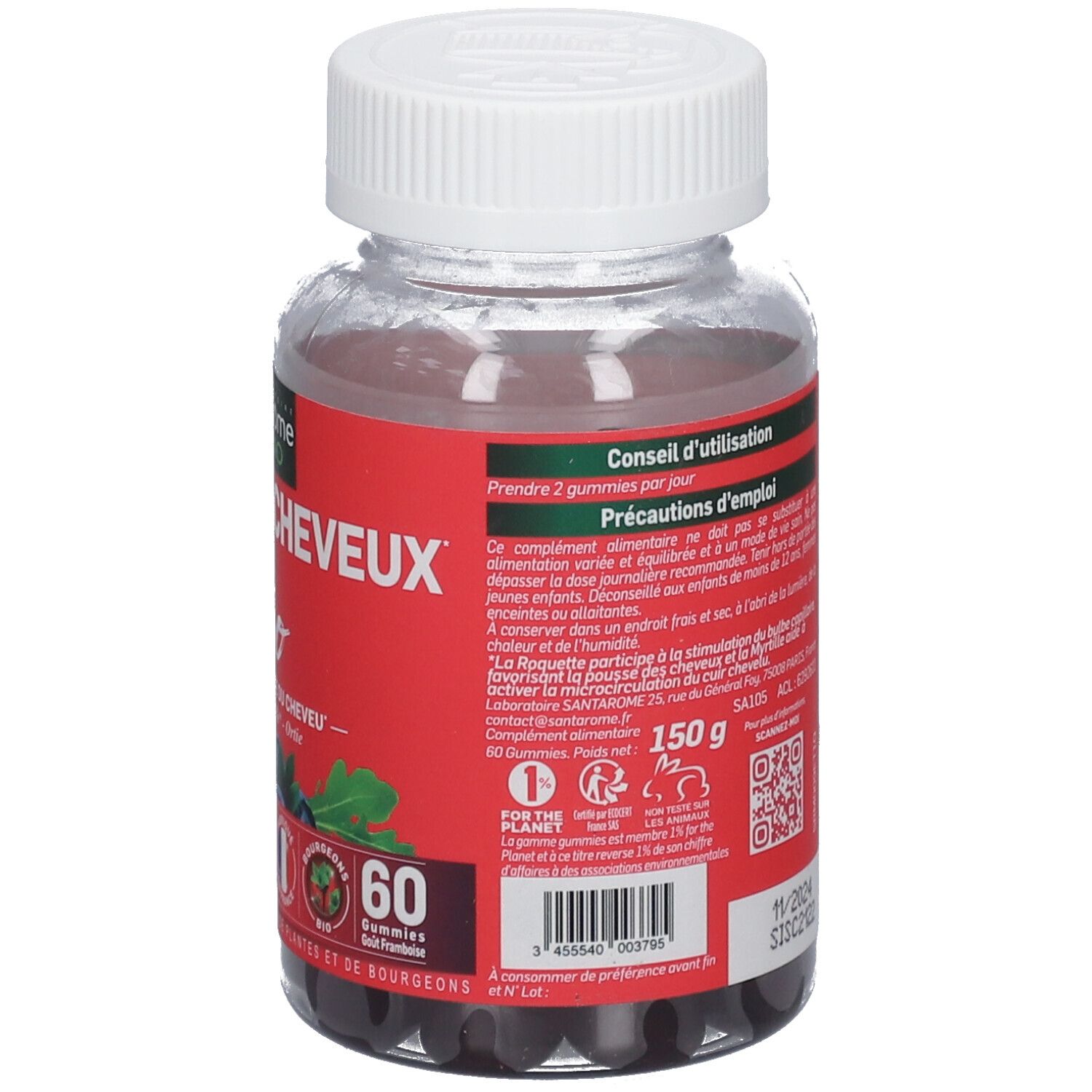 Flacon transparent de gummies noirs. Étiquette rouge avec nom du produit et label Bio. 60 gummies. 150g.