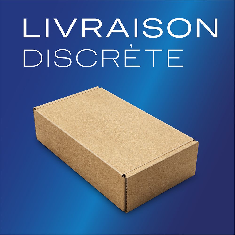 Boîte d'expédition marron. Texte: "LIVRAISON DISCRÈTE".