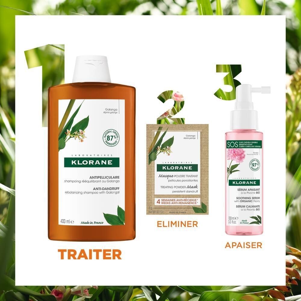 Trois produits: shampooing, masque et sérum. Flacon de shampooing, sachet de masque et flacon de sérum. Marque verte et blanche.