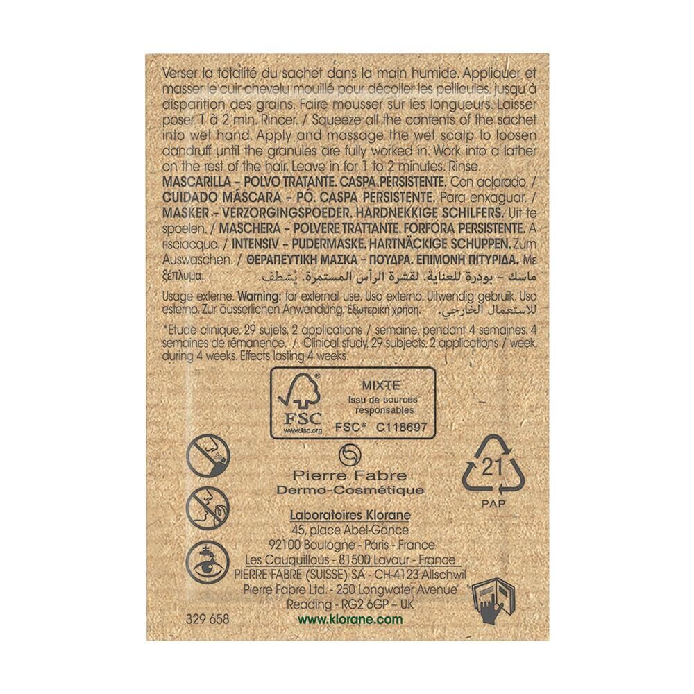Rückseite einer Masken-Verpackung. Text: FSC-Zertifizierung, Inhaltsstoffe, Gebrauchsanweisung, Herstelleradresse.