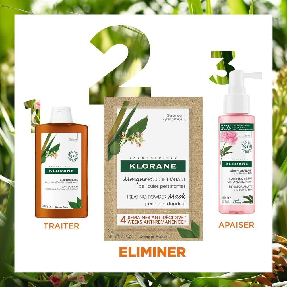 Drei KLORANE Produkte. 1: Shampoo. 2: Maske. 3: Serum. Text: Traiter, Eliminer, Apaiser.