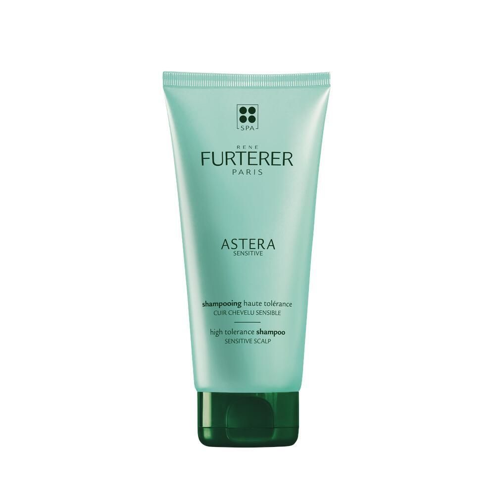 Hellgrüne Tube mit Schriftzug RENE FURTERER PARIS, ASTERA SENSITIVE. Grüner Deckel. Text: Shampooing haute tolérance.