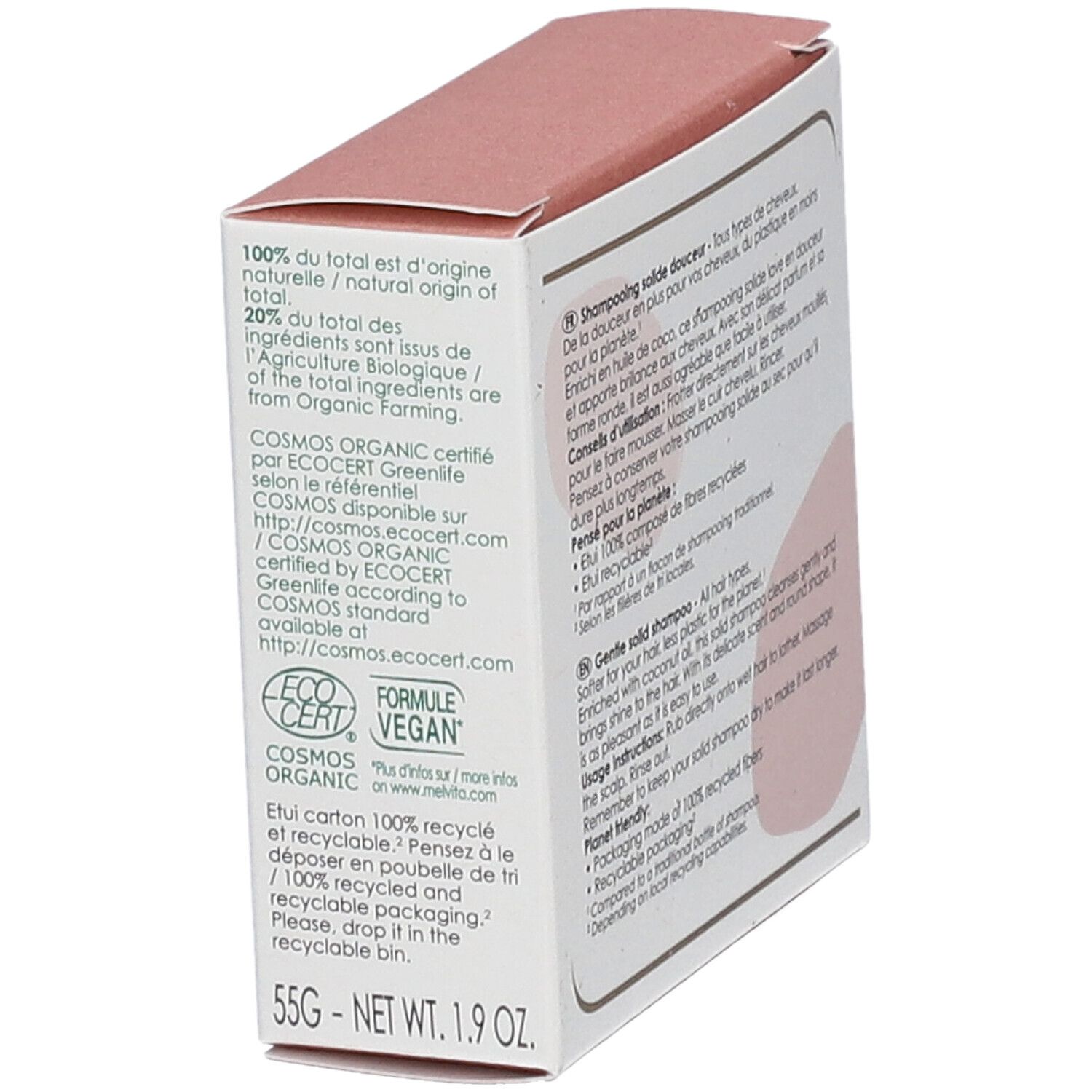 Schrägansicht der Shampoo-Verpackung. Text: "COSMOS ORGANIC", "VEGAN". 55g-Netto. Zertifizierungen und Inhaltsstoffe.