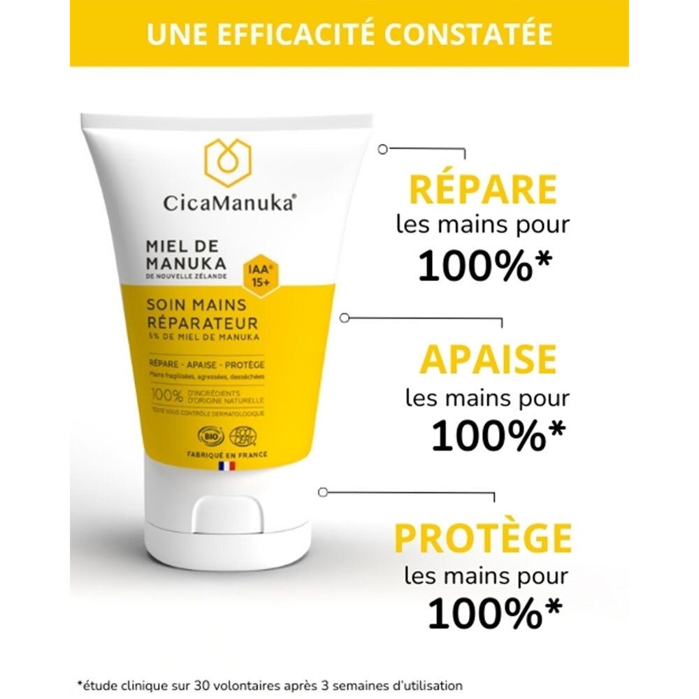 Tube de produit avec texte. Texte: Répare, apaise, protège les mains. Résultats à 100%. CicaManuka, Miel de Manuka, Soin mains réparateur.