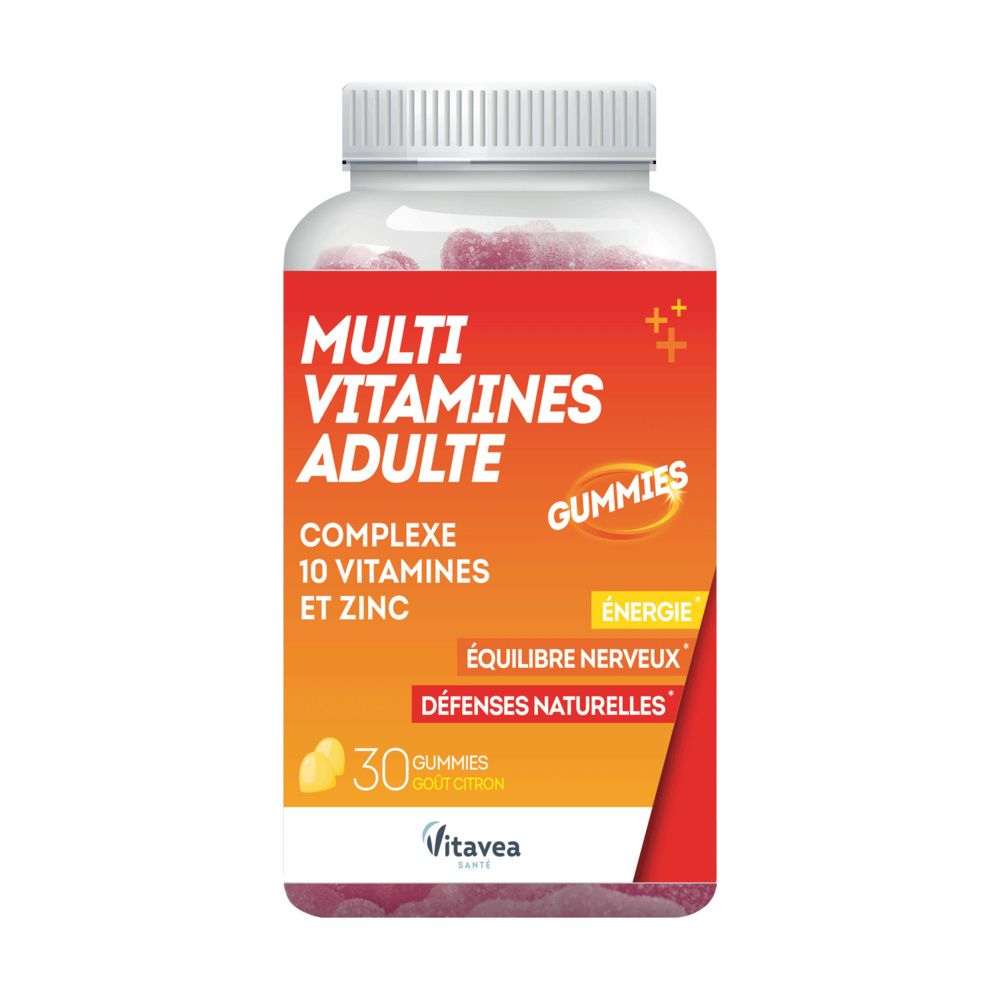 Flacon rond, bouchon blanc. Étiquette : Multi Vitamines Adulte, Gummies, 30 gummies, Vitavea.
