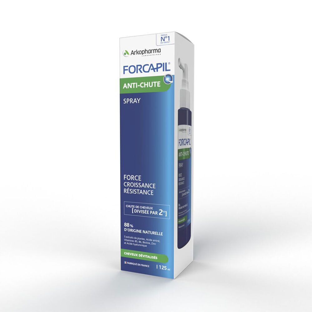 Produktverpackung mit Sprayflasche. Aufschrift FORCAPIL, ANTI-CHUTE, SPRAY. Blaue Flasche mit weißem Sprühkopf.