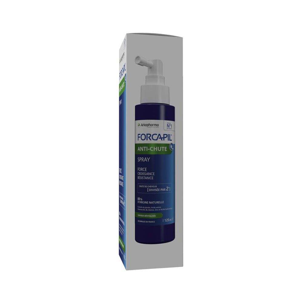 Sprayflasche mit weißem Sprühkopf. Aufschrift FORCAPIL, ANTI-CHUTE, SPRAY. Blaue Flasche in weißer Verpackung.