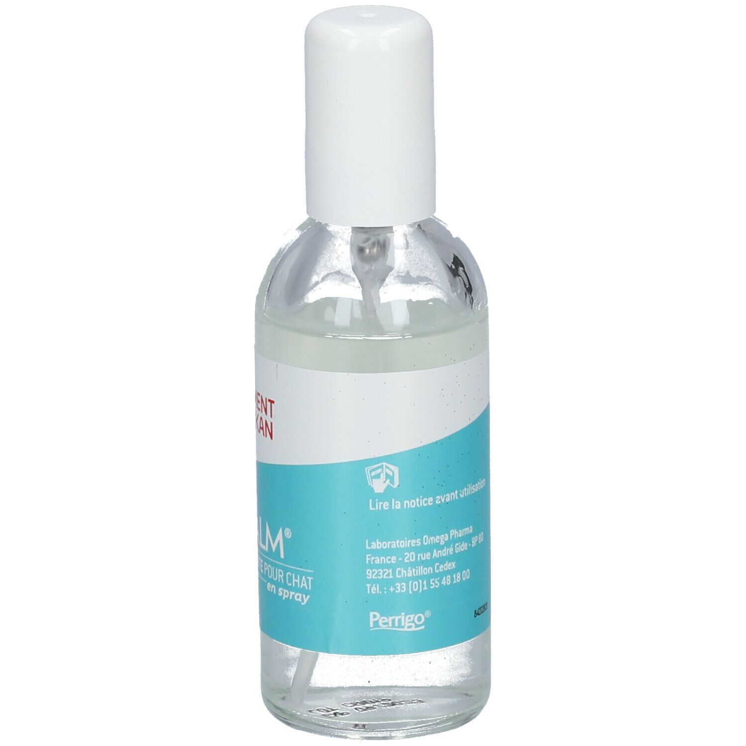 Flacon spray transparent avec bouchon blanc. Inscription: ÔCALM, Clement Thekan. Texte: Lire la notice avant utilisation.