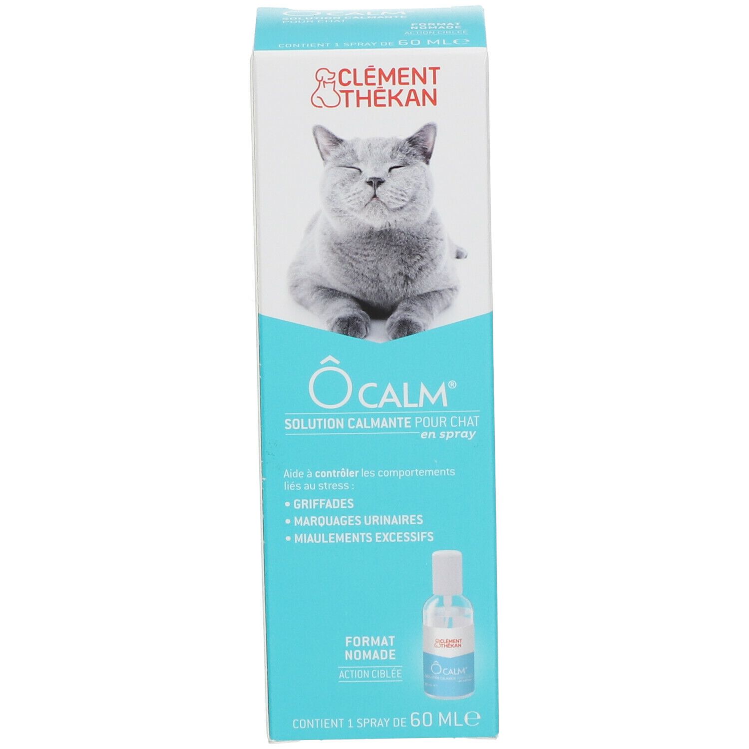 Emballage produit avec flacon spray. Inscription: ÔCALM, Clement Thekan. Aide à contrôler les comportements. 60 ml.