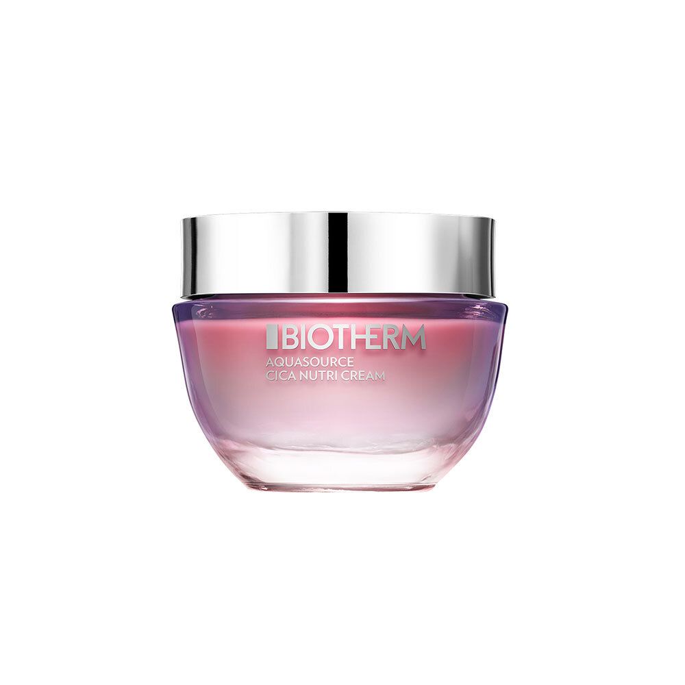 Pot de crème avec couvercle argenté. Inscription: BIOTHERM, AQUASOURCE CICA NUTRICREAM.