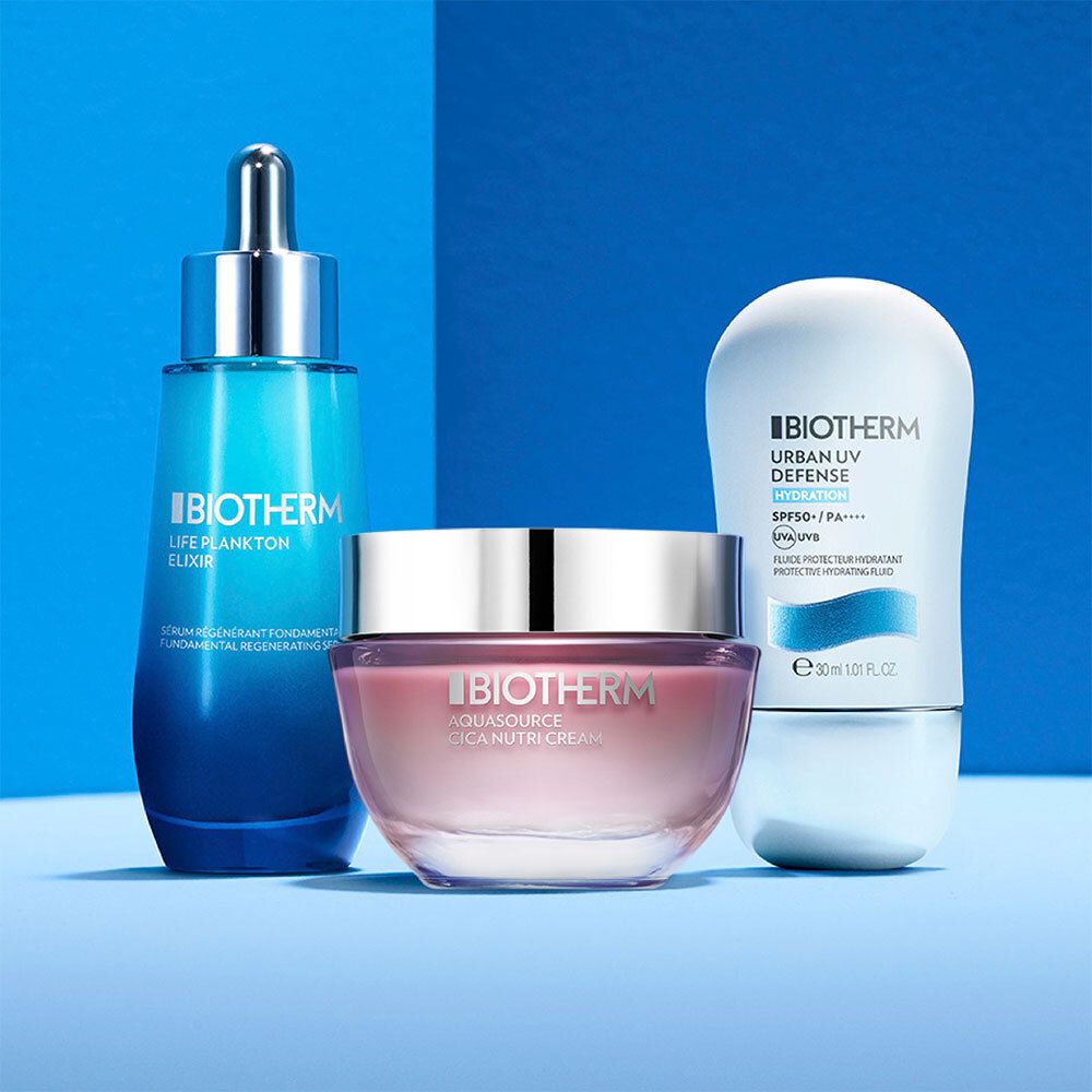 Trois produits: sérum, crème et crème solaire. Inscription: BIOTHERM, AQUASOURCE CICA NUTRICREAM.