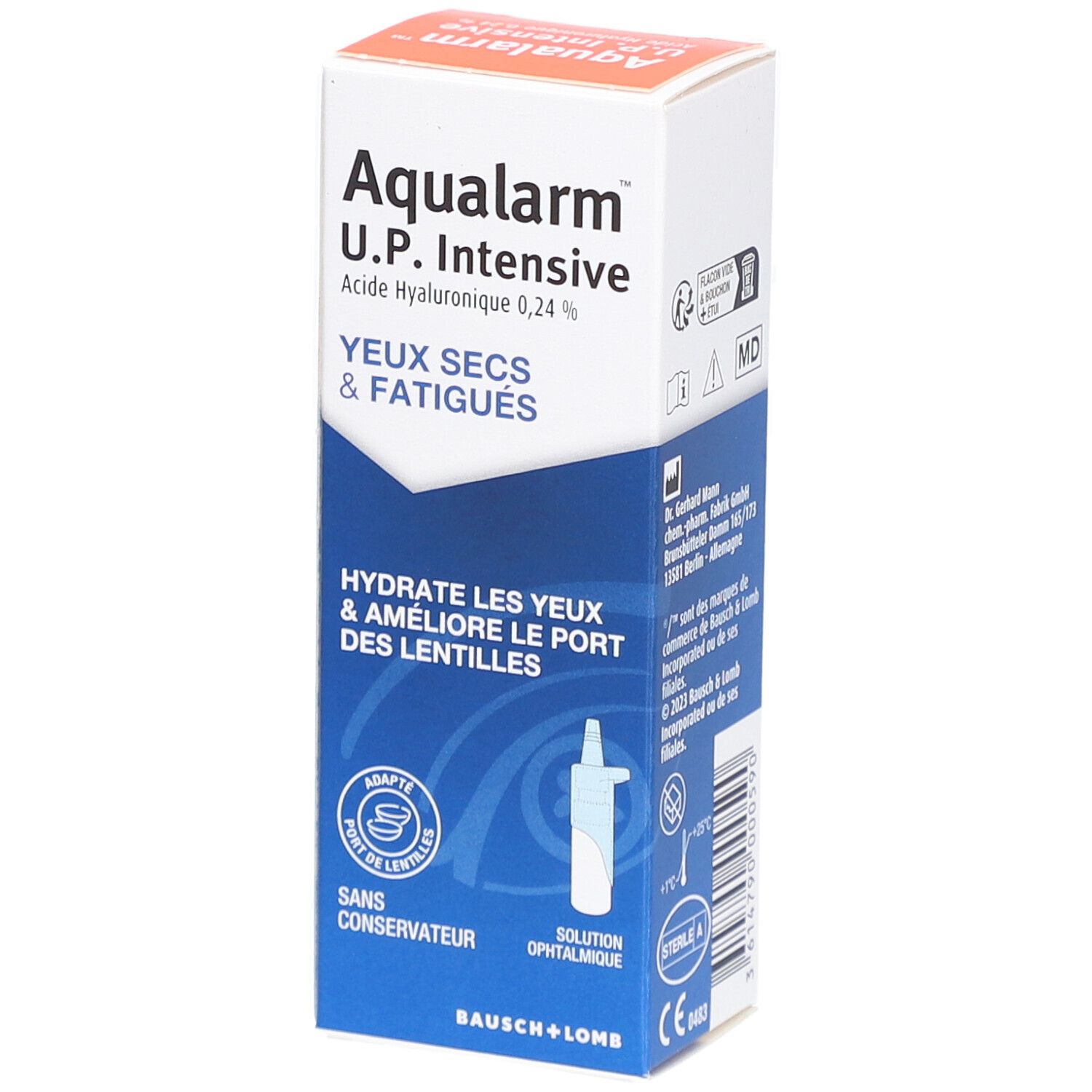 Boîte pliante blanche et bleue avec informations produit. Inscription: Aqualarm U.P. Intensive, yeux secs & fatigués. Marque Bausch + Lomb.