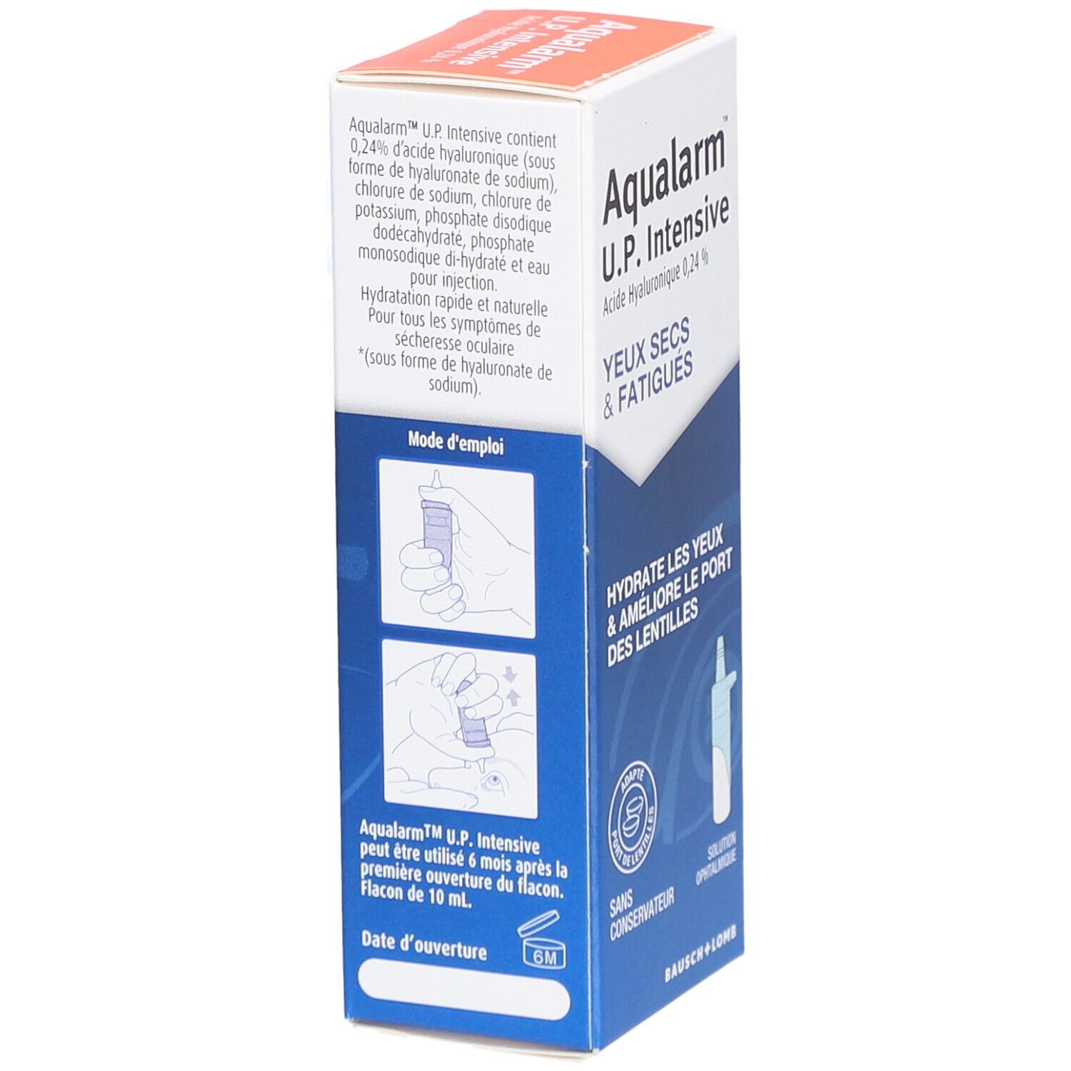 Dos de la boîte pliante avec informations produit et mode d'emploi. Contient ingrédients et instructions d'utilisation. Marque Bausch + Lomb.