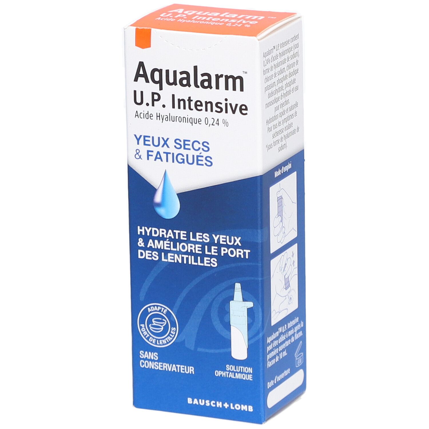 Boîte pliante avec informations produit. Inscription: Aqualarm U.P. Intensive, yeux secs & fatigués. Illustration de goutte. Marque Bausch + Lomb.