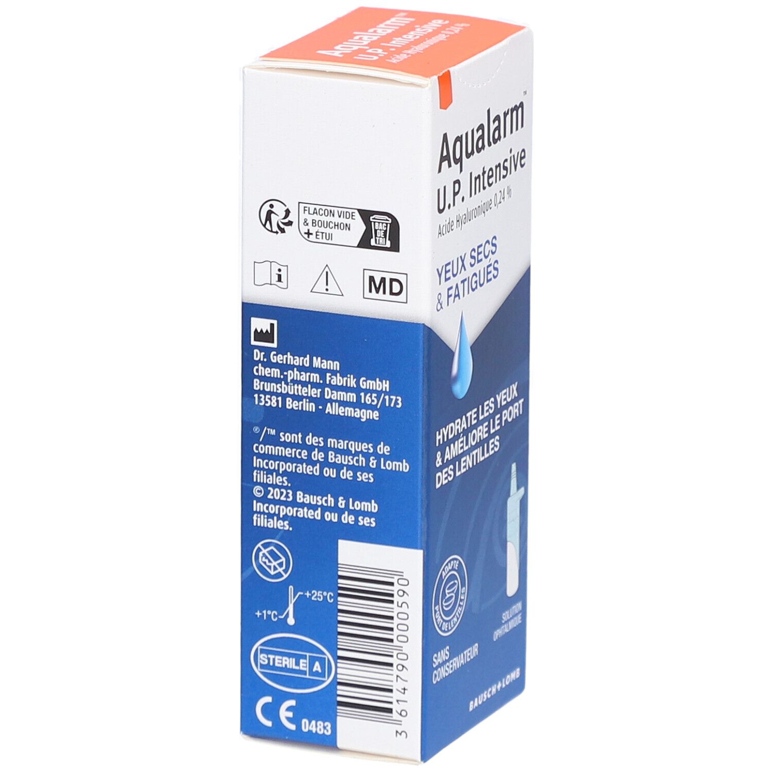 Dos de la boîte pliante avec informations produit, adresse du fabricant et certifications. Marque Bausch + Lomb.