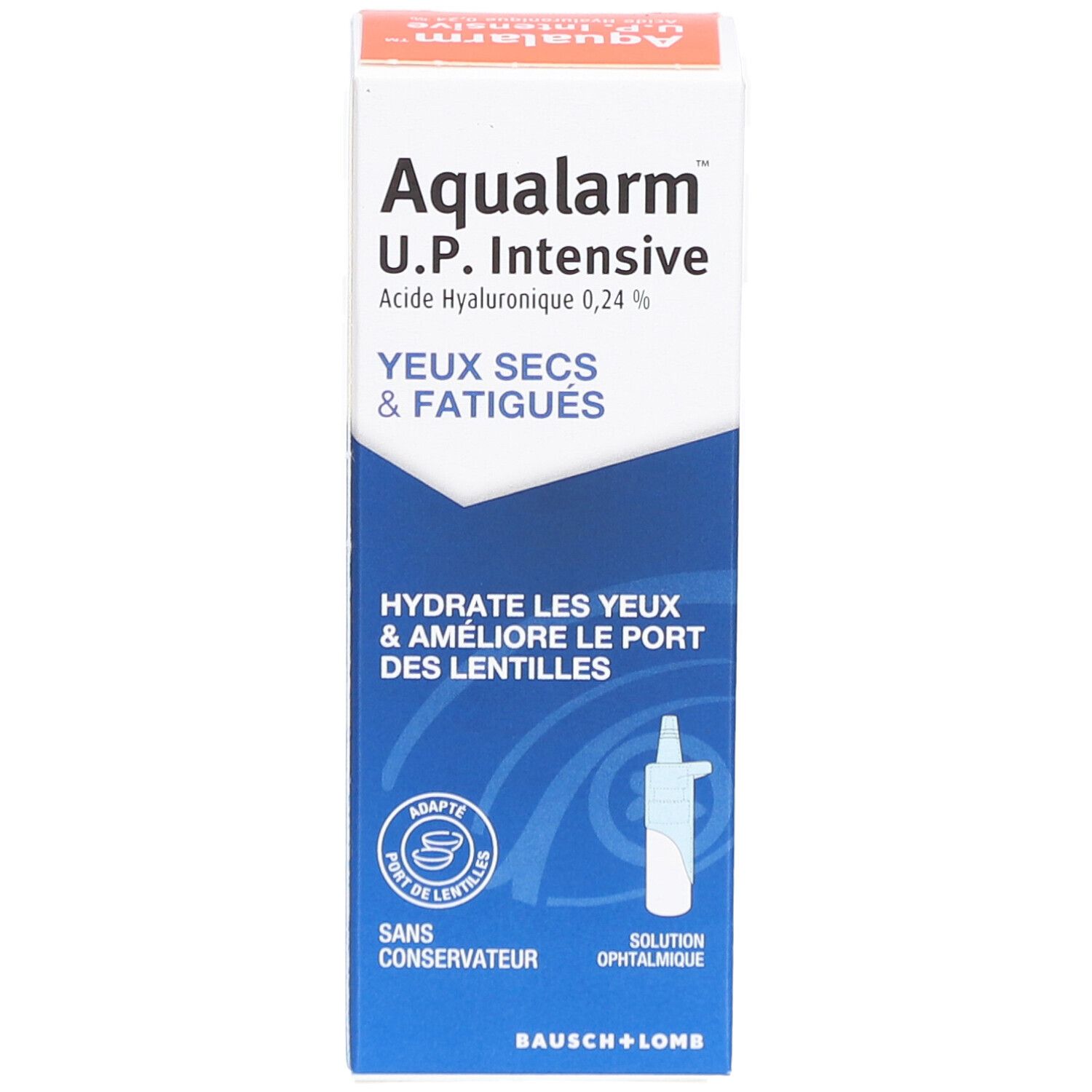 Boîte pliante blanche et bleue avec informations produit. Inscription: Aqualarm U.P. Intensive, yeux secs & fatigués. Marque Bausch + Lomb.