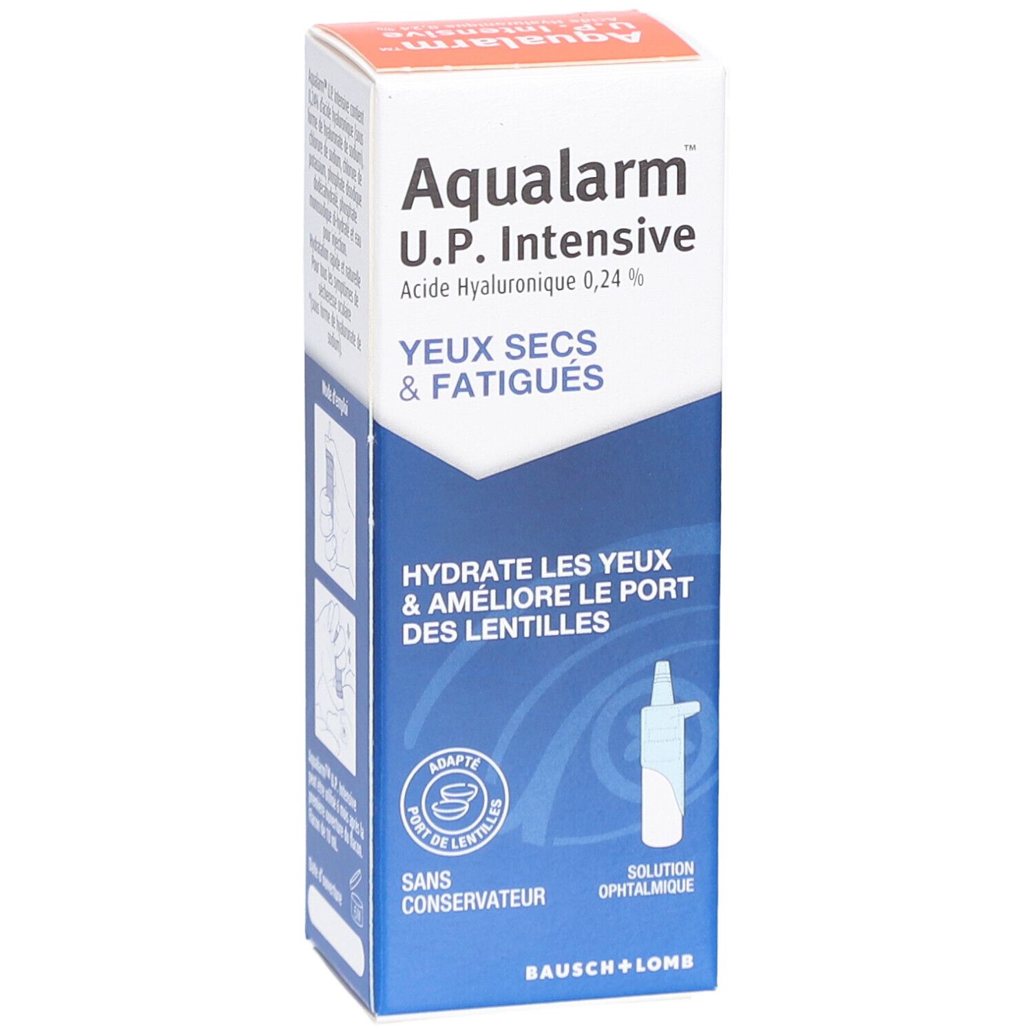 Boîte pliante blanche et bleue avec informations produit. Inscription: Aqualarm U.P. Intensive, yeux secs & fatigués. Marque Bausch + Lomb.