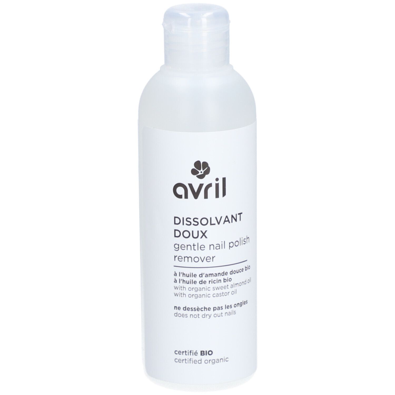 Transparente Flasche mit weißem Etikett. Aufschrift: Avril, Dissolvant Doux, zertifiziert Bio.