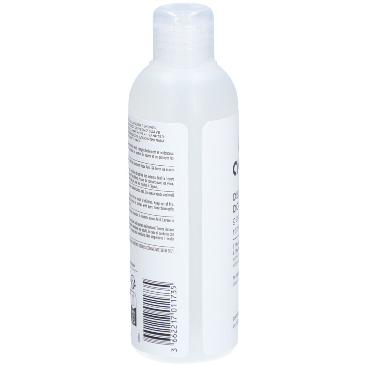 Transparente Flasche mit weißem Etikett. Auf der Seite Barcode und Text. Rückseite mit Inhaltsstoffen.