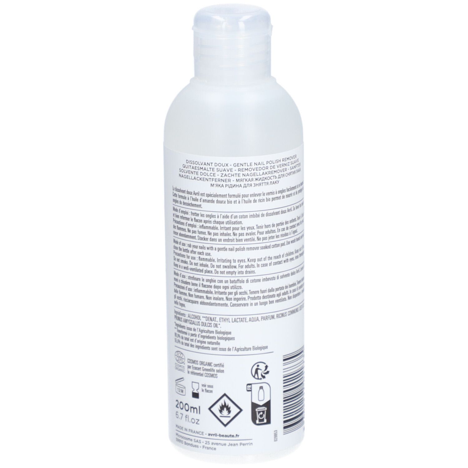 Transparente Flasche mit weißem Etikett. Rückseite mit Text und Piktogrammen. 200ml, 6.7 fl oz.