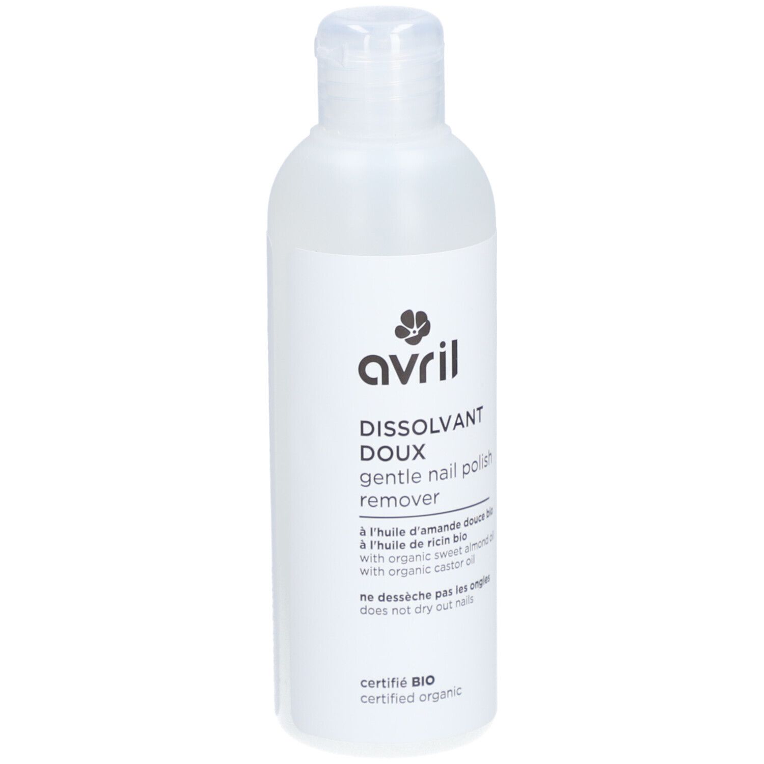 Transparente Flasche mit weißem Etikett. Aufschrift: Avril, Dissolvant Doux, zertifiziert Bio.
