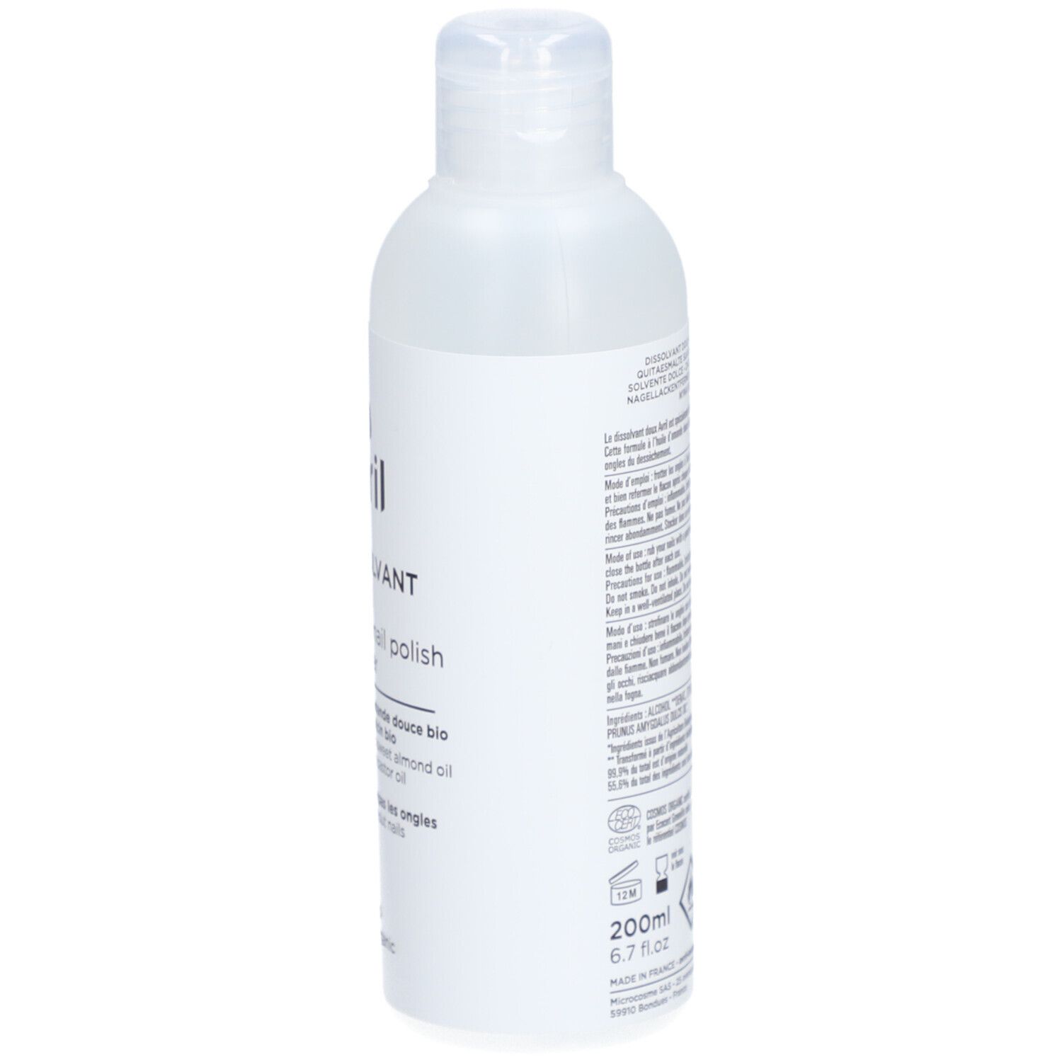 Transparente Flasche mit weißem Etikett. Rückseite mit Text und Piktogrammen. 200ml, 6.7 fl oz.