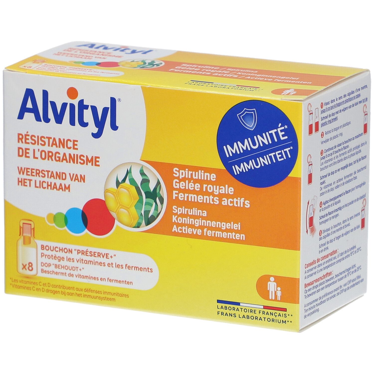 Boîte jaune Alvityl. Texte: Résistance de l'organisme, Spiruline, Gelée royale, 8 flacons. Logo Immunité. Laboratoire Français.