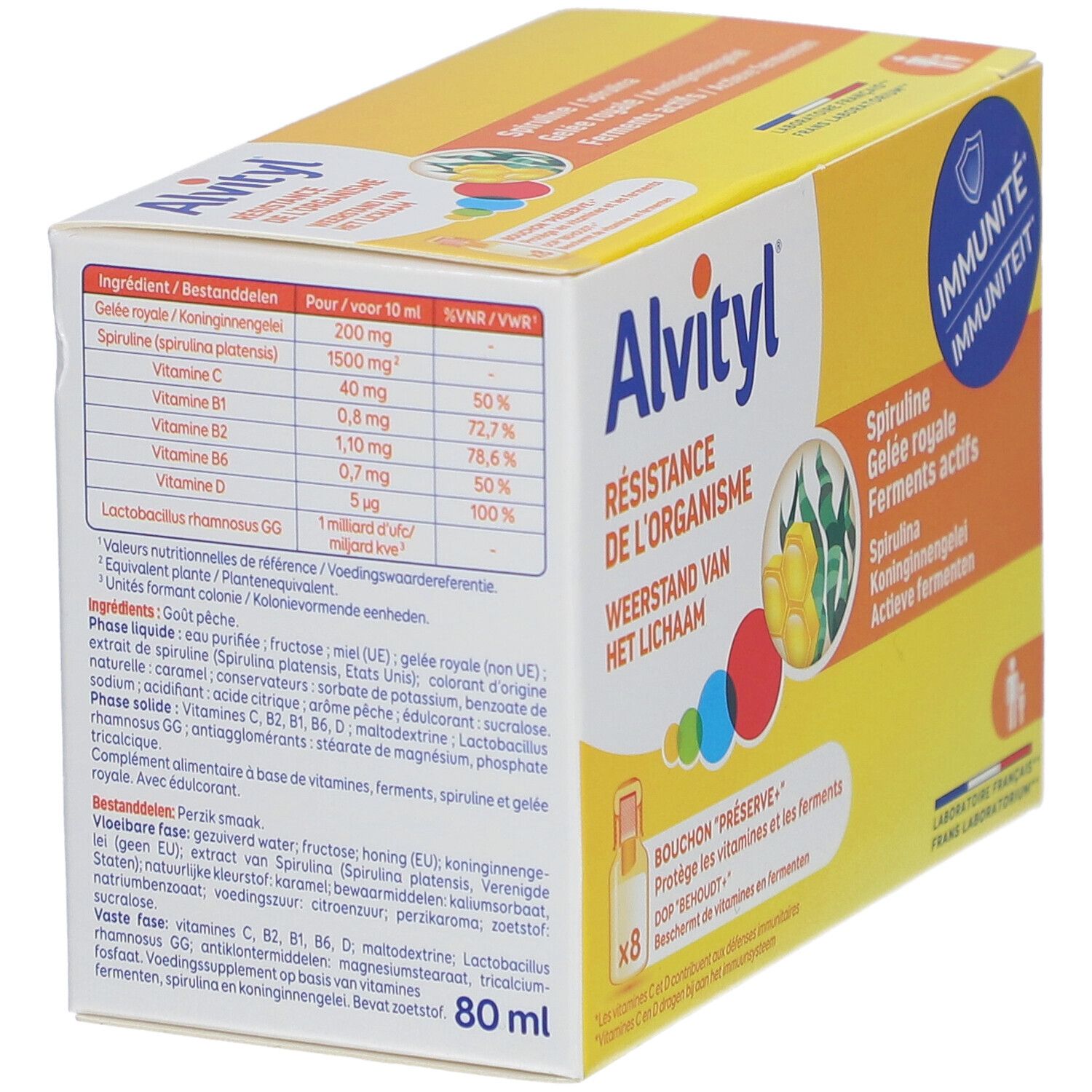 Boîte Alvityl avec informations nutritionnelles. Contient spiruline, gelée royale, vitamines. Texte: Résistance de l'organisme, 80 ml.