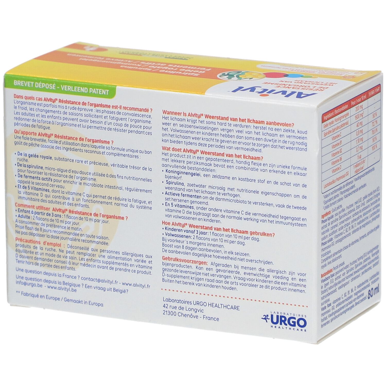 Dos de la boîte Alvityl avec texte. Informations sur l'utilisation et les ingrédients. Fabricant: Urgo Healthcare.