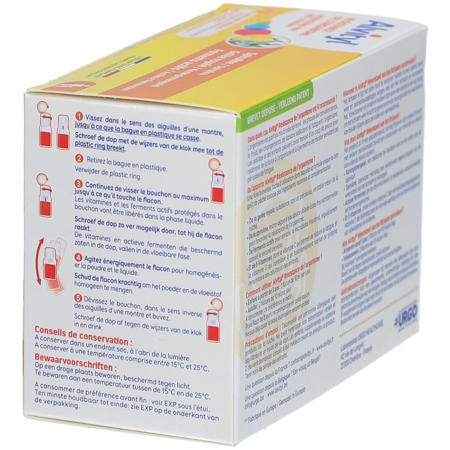 Boîte Alvityl avec instructions. Montre les étapes de préparation du produit. Fabricant: Urgo.