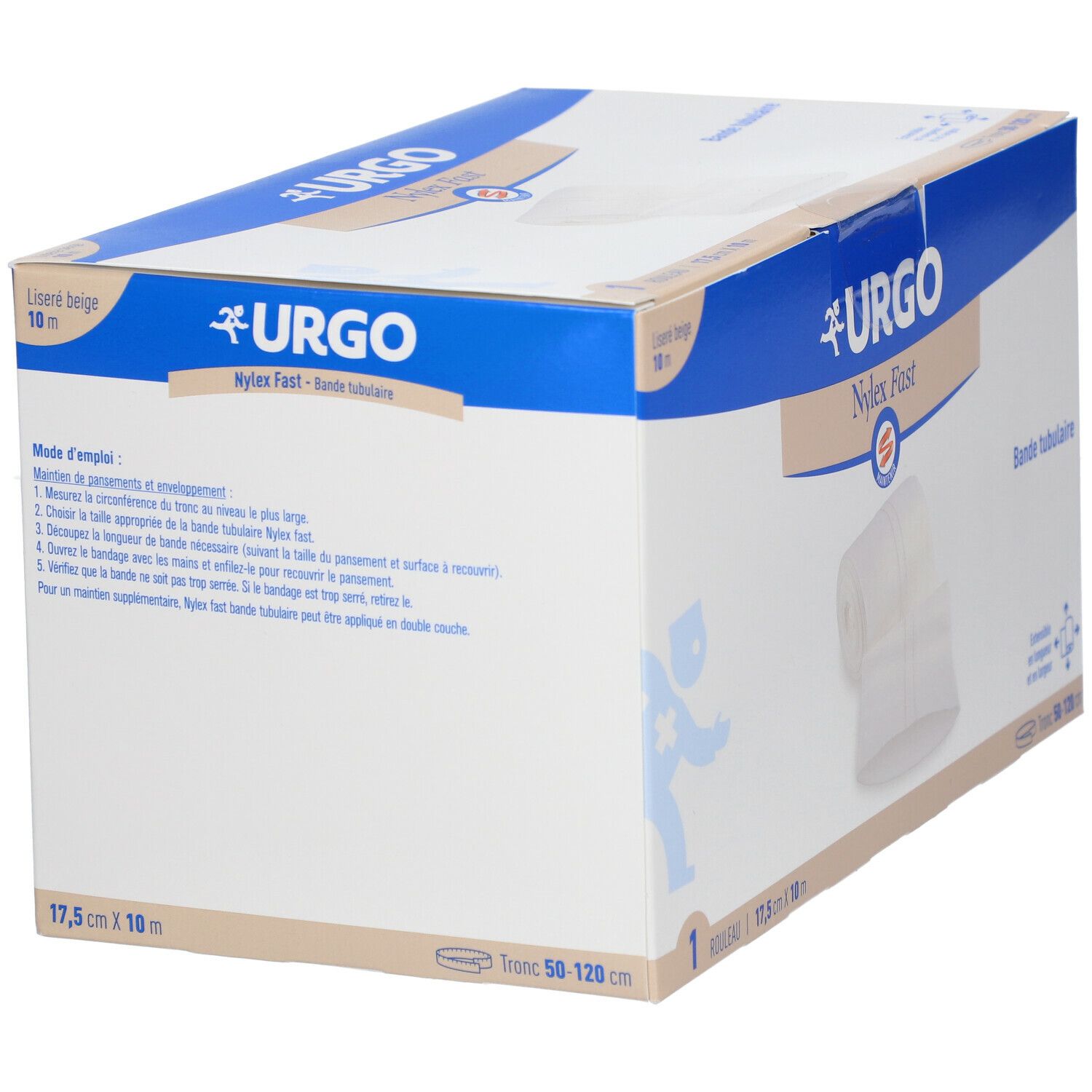 Doos Urgo Nylex Fast bandage. Beige, 17,5 cm x 10 m. Bevat één rol. Merk Urgo, productnaam Nylex Fast. Gebruiksaanwijzing.