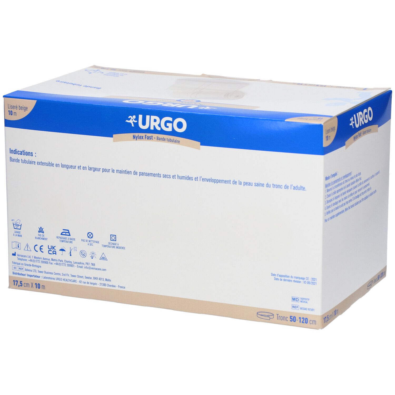 Doos Urgo Nylex Fast bandage. Beige, 17,5 cm x 10 m. Bevat één rol. Merk Urgo, productnaam Nylex Fast. Indicaties.