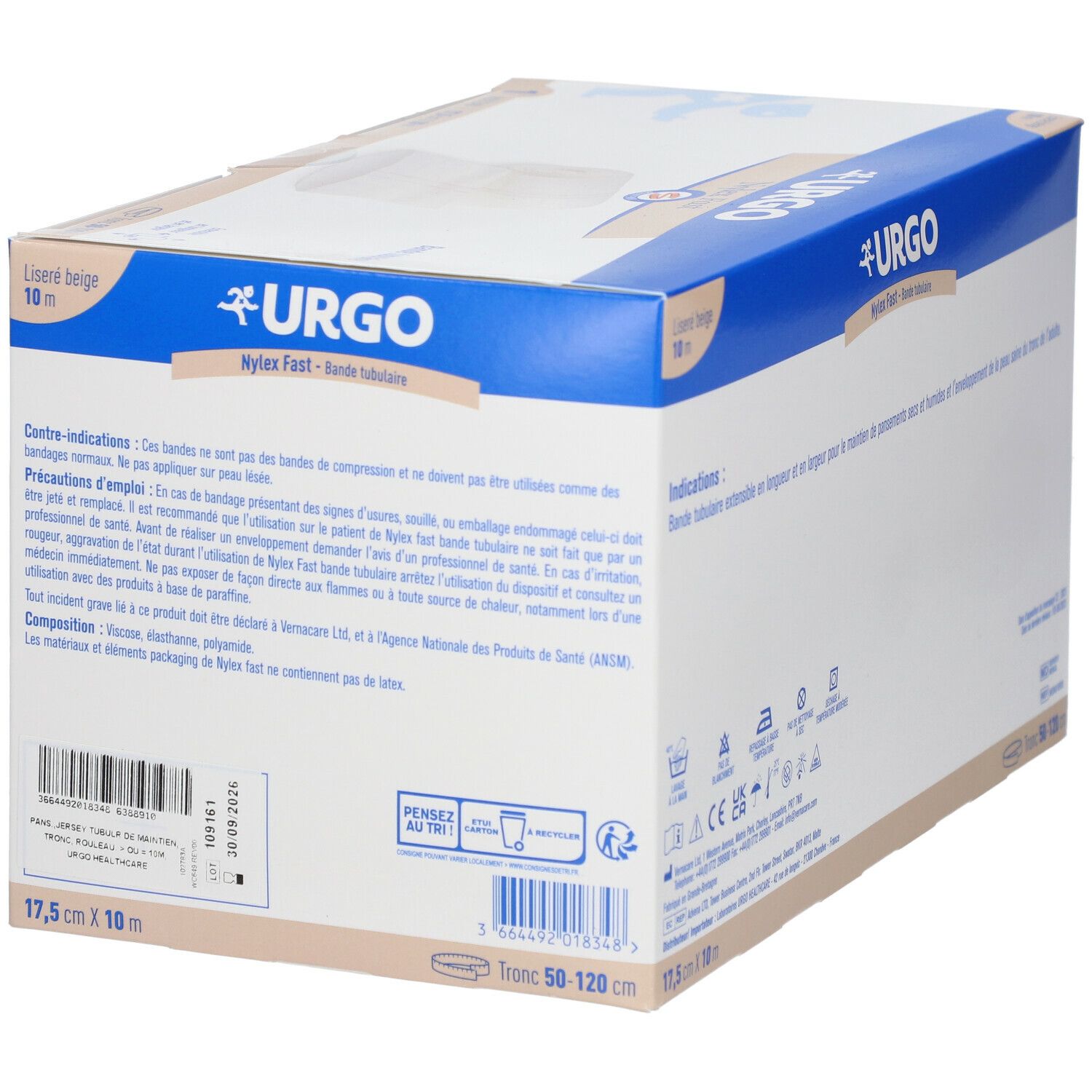 Doos Urgo Nylex Fast bandage. Beige, 17,5 cm x 10 m. Bevat één rol. Merk Urgo, productnaam Nylex Fast. Voorzorgsmaatregelen.