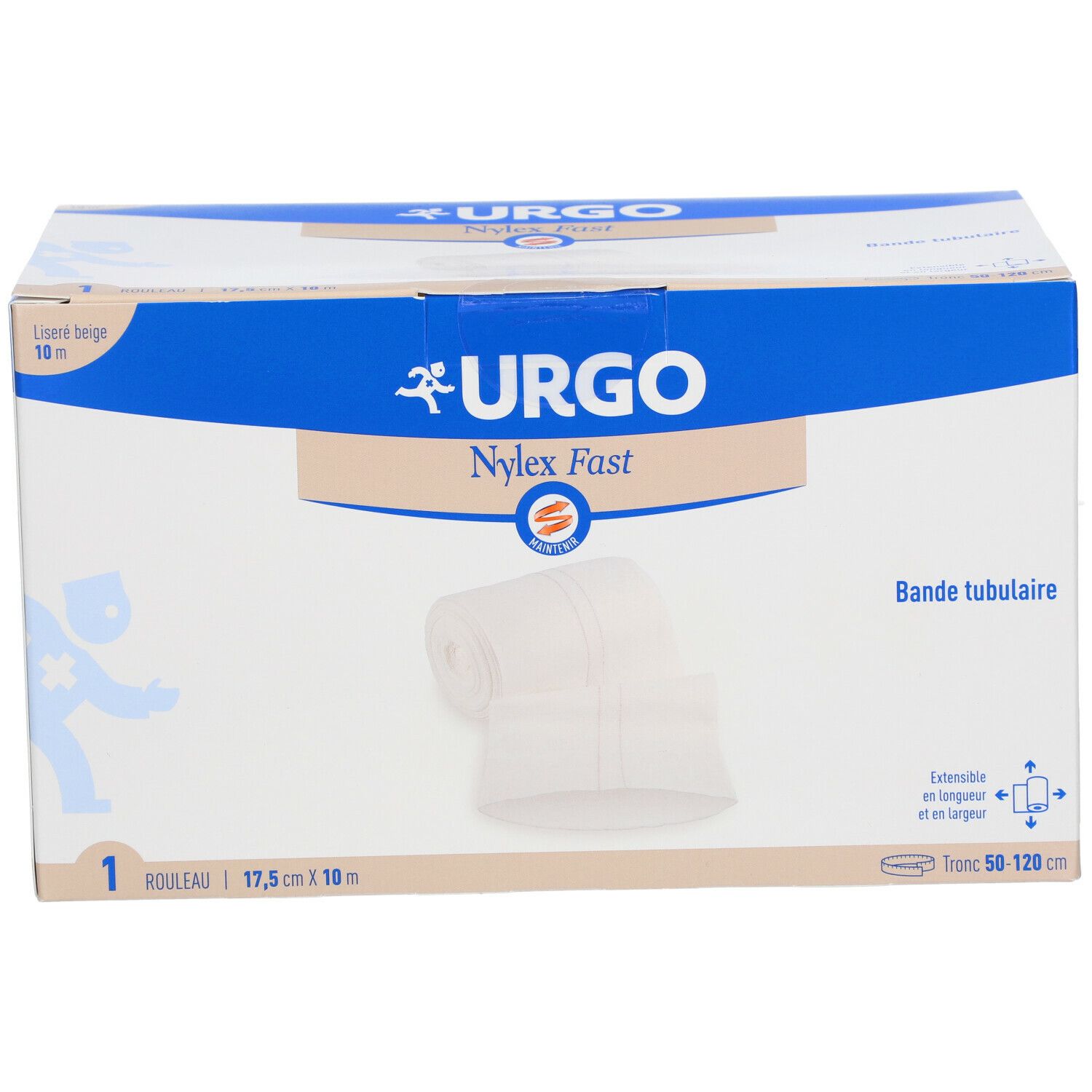 Doos Urgo Nylex Fast bandage. Beige, 17,5 cm x 10 m. Bevat één rol. Merk Urgo, productnaam Nylex Fast.