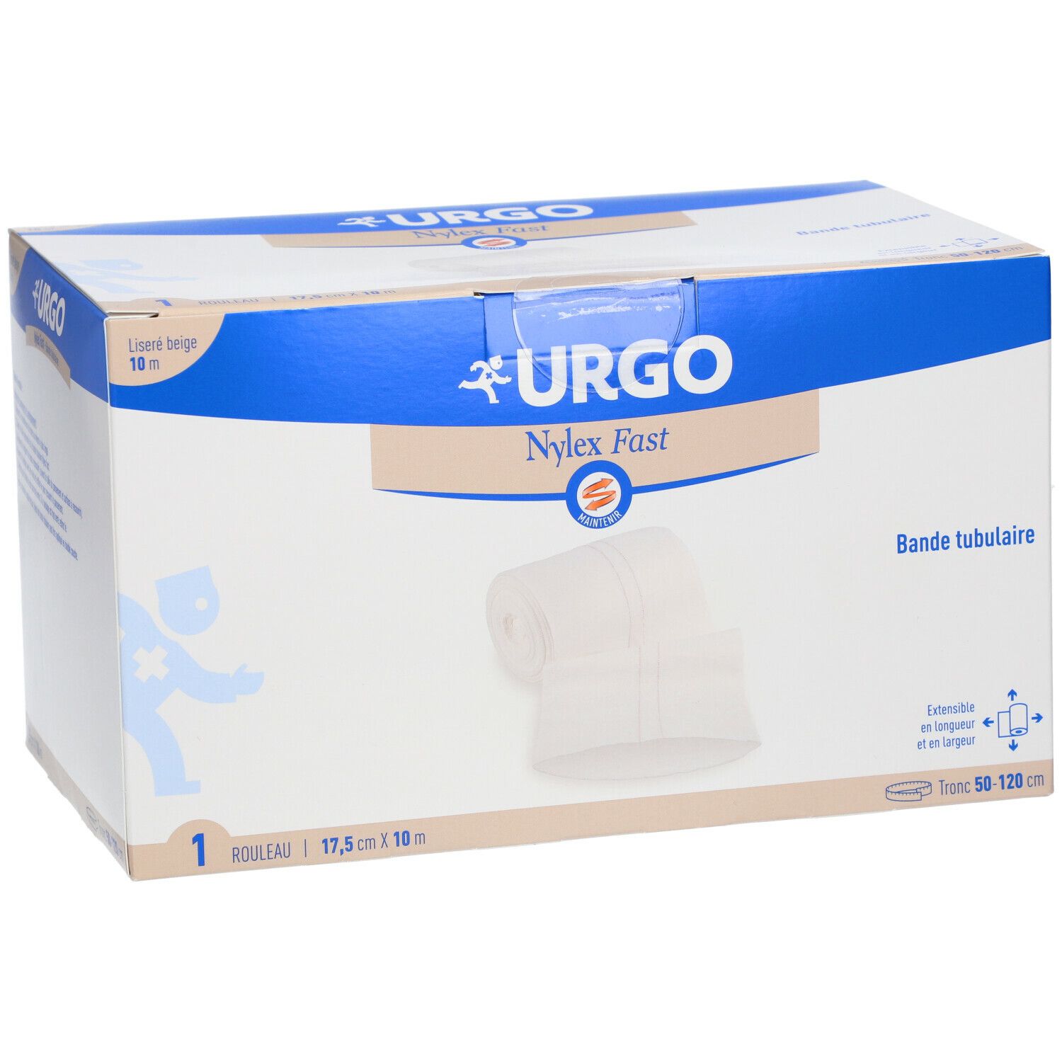 Doos Urgo Nylex Fast bandage. Beige, 17,5 cm x 10 m. Bevat één rol. Merk Urgo, productnaam Nylex Fast.