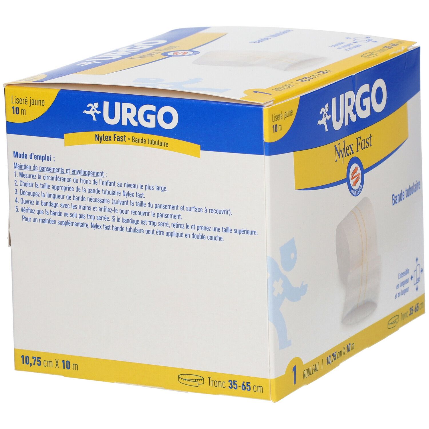Vue en biais de la boîte URGO Nylex Fast. Bande tubulaire jaune. Dimensions : 10,75 cm x 10 m. Logo du produit et de la marque.