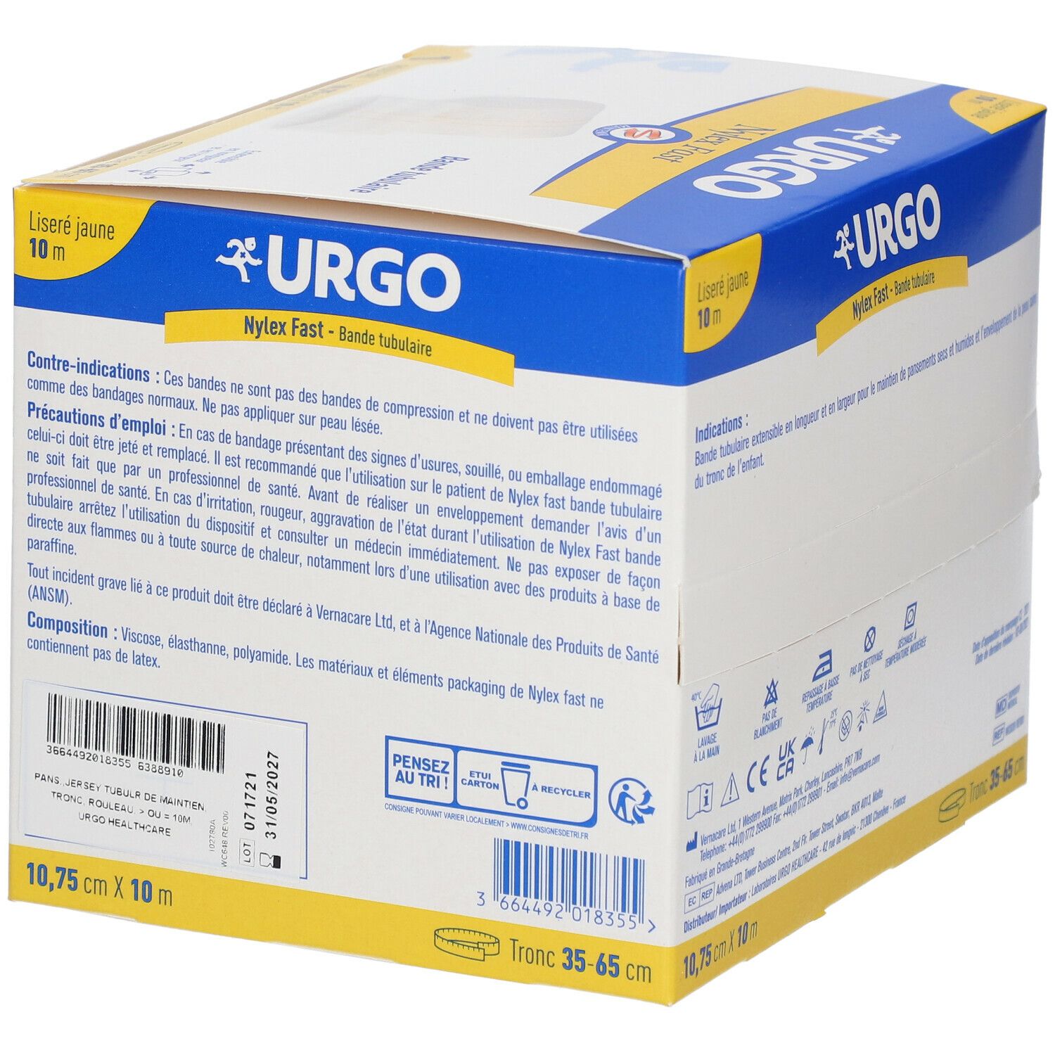 Dos de la boîte URGO Nylex Fast. Texte et symboles. Dimensions : 10,75 cm x 10 m. Symbole de recyclage.