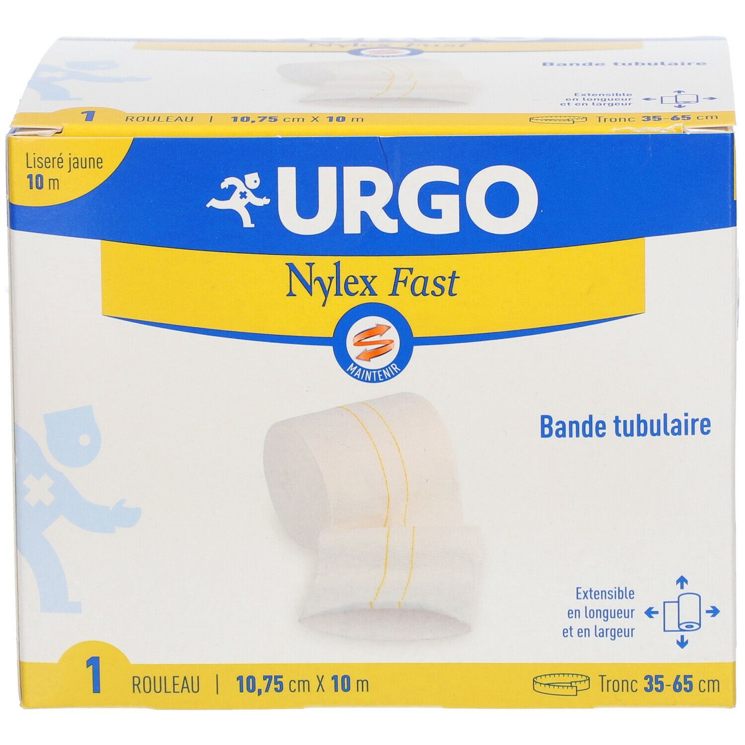 Boîte URGO Nylex Fast. Bande tubulaire jaune. Dimensions : 10,75 cm x 10 m. Logo du produit et de la marque.
