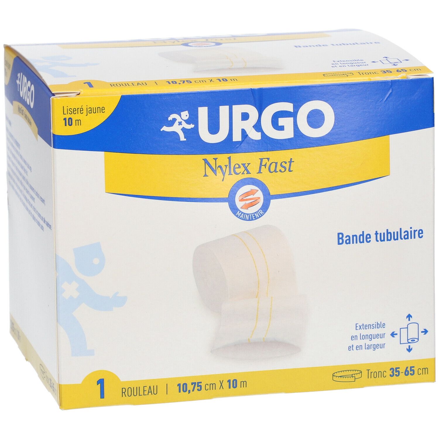 Boîte URGO Nylex Fast. Bande tubulaire jaune. Dimensions : 10,75 cm x 10 m. Logo du produit et de la marque.