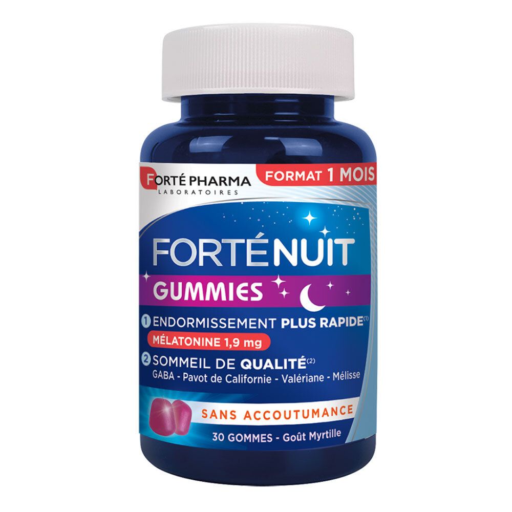 Flacon bleu, bouchon blanc. Forté Nuit Gummies. 30 gommes, goût myrtille. Format 1 mois.