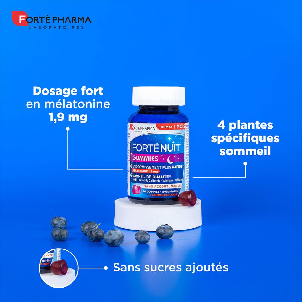 Flacon bleu Forté Nuit Gummies. 1,9 mg mélatonine. 4 plantes sommeil. Sans sucres ajoutés.
