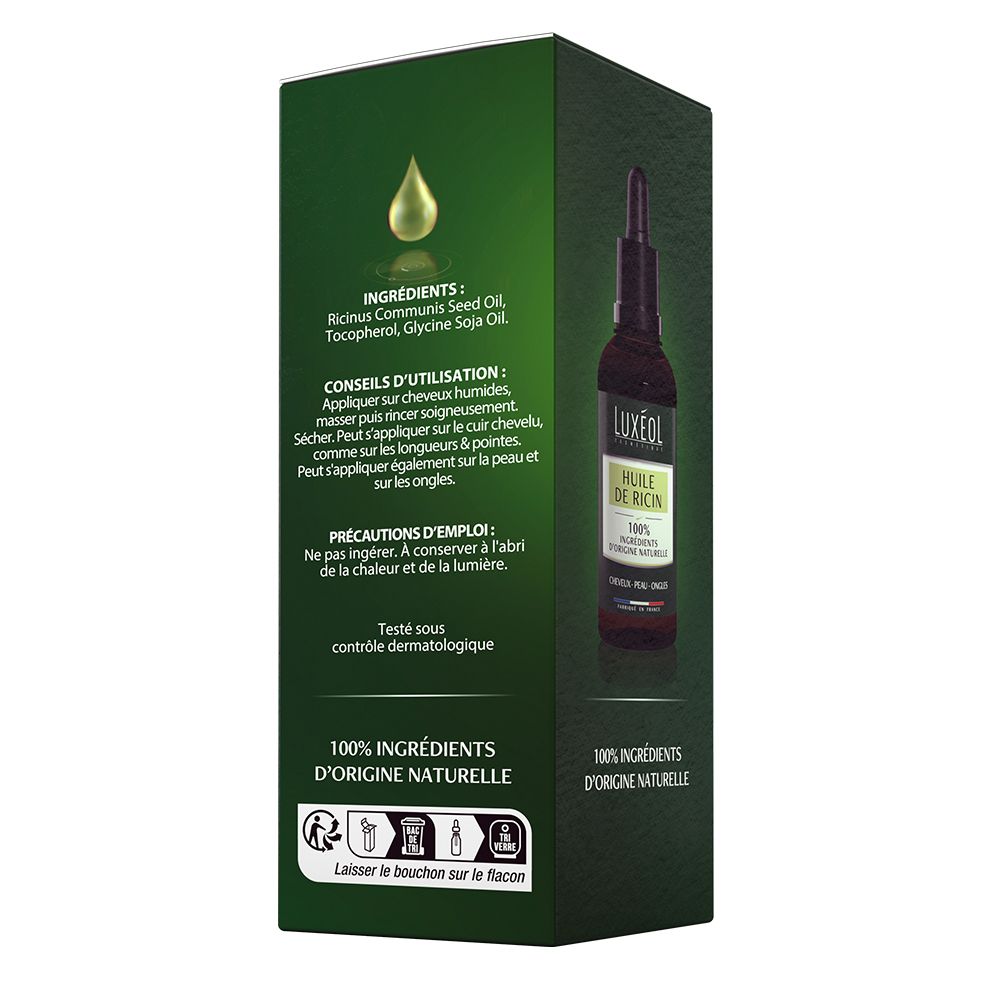 Rückseite der LUXÉOL Rizinusöl-Verpackung. Enthält Inhaltsstoffe, Anwendungshinweise und dermatologische Testinformationen.