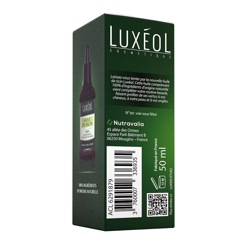Seite der LUXÉOL Rizinusöl-Verpackung mit Barcode, Adresse und Volumenangabe von 50 ml. Hergestellt in Frankreich.