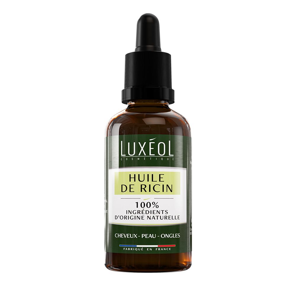 Braune Glasflasche mit schwarzem Tropfer. LUXÉOL-Etikett mit Produktnamen und Inhaltsangaben. 100% natürliche Inhaltsstoffe.