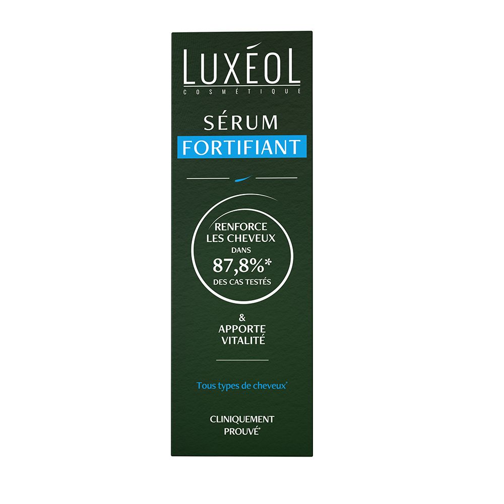 Boîte verte LUXÉOL Sérum Fortifiant. Inscription : Sérum Fortifiant. Cliniquement prouvé. 87,8%.