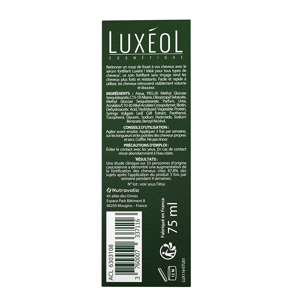 Dos de la boîte verte LUXÉOL Sérum Fortifiant. Texte : ingrédients, conseils d'utilisation, précautions, résultats.