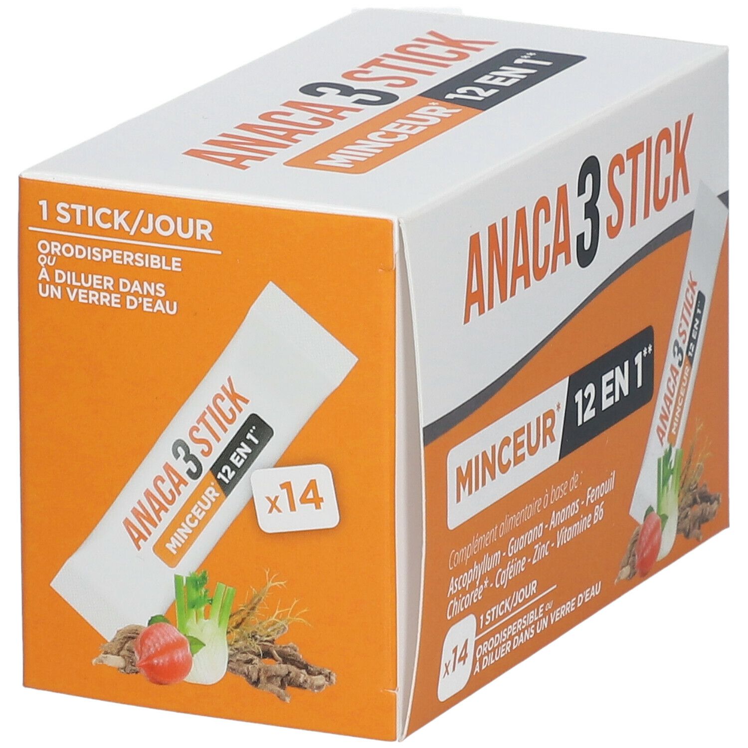 Boîte ANACA3 Stick Minceur 12 en 1. Un stick est visible. Inscription: 14 sticks, 1 stick/jour.