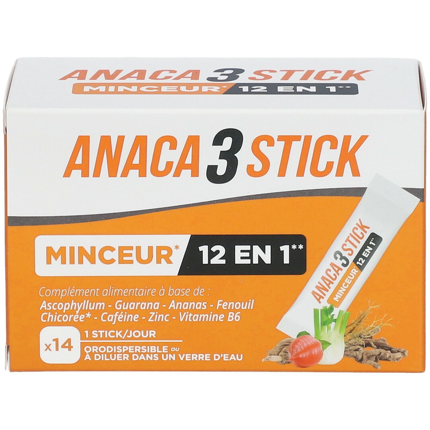 Boîte ANACA3 Stick Minceur 12 en 1. Un stick est visible. Inscription: 14 sticks, 1 stick/jour.